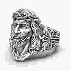 Jesus Christ Head Crown of Thorns Realistic Religious Sculpture Ring