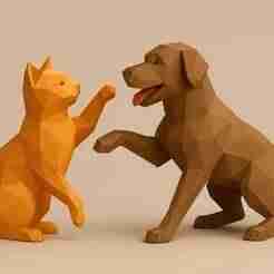 Low Poly Cat & Dog Playful Duo – Geometric Animal Sculpture