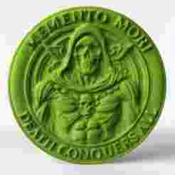 Memento Mori 3D STL medallion with Grim Reaper relief. Perfect for CNC carving, 3D printing, and gothic wall art. Instant digital download.
