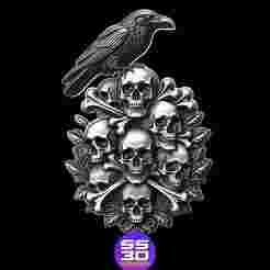 Raven & stacked skull Stl bas relief