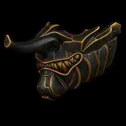 Rhino Oni Samurai Mask – Black & Gold STL 3D Print Model (Cosplay, Armor, Display, Samurai Mask)