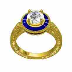 Round Cut Diamond And Sapphire Halo Solitaire Engagement Ring