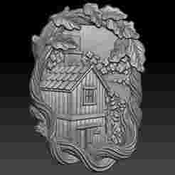 Whispers of the Woods: A Cozy Relief Sculpture of a Forest Cabin