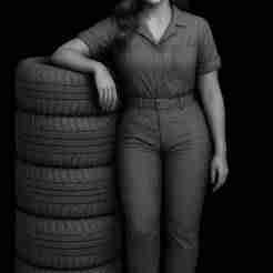 Woman mechanic with tires (1/64 scale).