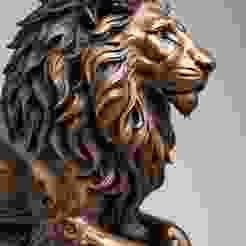 Bronze Lion Sculpture's Flowing Mane and Serene Yet Powerful Expression Rest on an Ornate Base of Swirling Vines