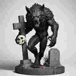 2283 Werewolf Howling with Skull - 3D Model, magic, dragon, serpent, wood, gnome, gorgon, warrior, wild, fox, monster, cat, fair, witch, werewolf, horror, beast, snake, troll, skeleton dance