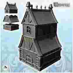 Large half-timbered building with high roof and top spikes (28) - Medieval Feudal Old Archaic Saga 28mm 15mm