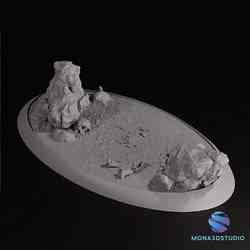 Oval Miniature Base with Rocks and Skull – 67x38mm Presupported