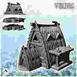 Thatched Viking house with canopy and motifs (25) - Medieval Feudal Old Archaic Saga 28mm 15mm