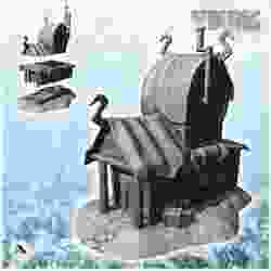 Viking building with wooden emblems and exterior pipes with skin roof (7) - Medieval Gothic Feudal Old Archaic Saga 28mm 15mm