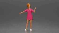 Woman in pink dress dancing joyfully with raised arms sideways