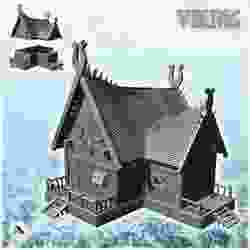 Wooden viking house on platform with double stairs and annex (12) - North Northern Norse Nordic Saga 28mm 15mm