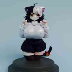 Neko Anime Girl - OBJ Format 3D Bust Figure for Printing
