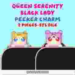 queen serenity and black lady cute peeker charms "sailor moon" (hippers) set for smartphone, tablet and kindle 2 pieces