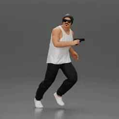Gangster Man in Beanie Sunglasses Tank Pants Sneakers Running with Gun