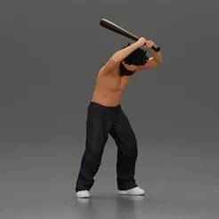 gangster man with curly hair swings baseball bat with powerful intent